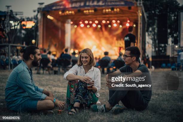 freunde auf konzert genießen - musikfestival stock-fotos und bilder