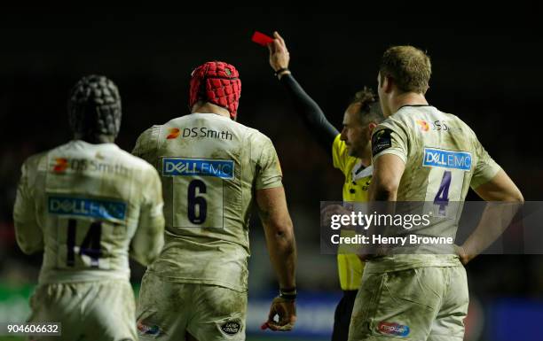 James Haskell of Wasps is shown a red card by the referee during the European Rugby Champions Cup match between Harlequins and Wasps at Twickenham...