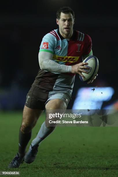 Tim Visser of Harlequins in action during the European Rugby Champions Cup match between Harlequins and Wasps at Twickenham Stoop on January 13, 2018...