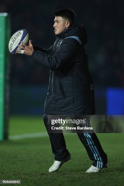 Marcus Smith of Harlequins warms up during the European Rugby Champions Cup match between Harlequins and Wasps at Twickenham Stoop on January 13,...