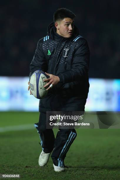 Marcus Smith of Harlequins warms up during the European Rugby Champions Cup match between Harlequins and Wasps at Twickenham Stoop on January 13,...