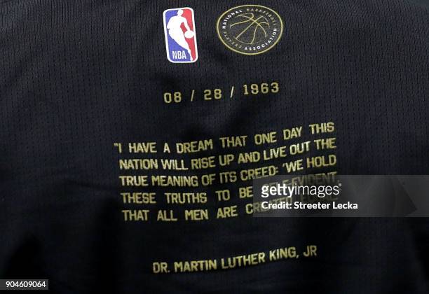 Detailed view of the back of a shirt worn by Russell Westbrook of the Oklahoma City Thunder for Martin Luther King Jr. Day before their game against...
