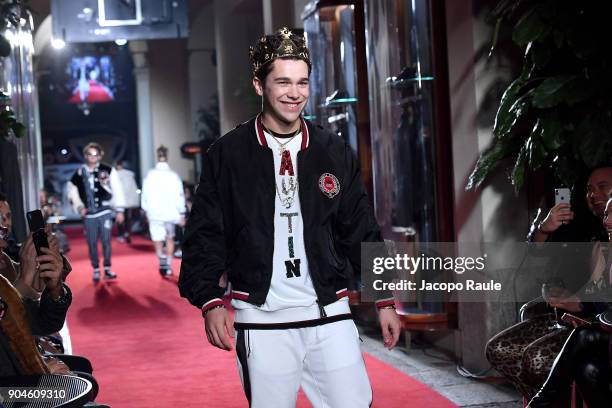 Austin Mahone walks the runway at the Dolce & Gabbana Unexpected Show show during Milan Men's Fashion Week Fall/Winter 2018/19 on January 13, 2018 in...