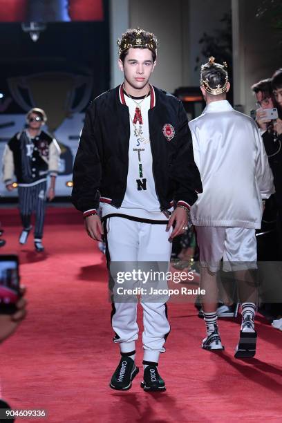 Austin Mahone walks the runway at the Dolce & Gabbana Unexpected Show show during Milan Men's Fashion Week Fall/Winter 2018/19 on January 13, 2018 in...