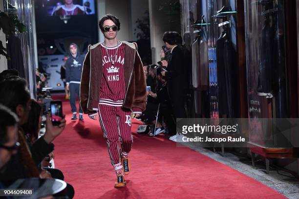 Dylan Jagger Lee walks the runway at the Dolce & Gabbana Unexpected Show show during Milan Men's Fashion Week Fall/Winter 2018/19 on January 13, 2018...