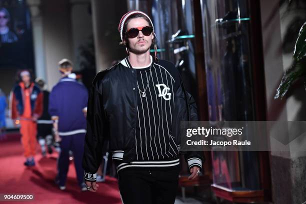 Will Peltz walks the runway at the Dolce & Gabbana Unexpected Show show during Milan Men's Fashion Week Fall/Winter 2018/19 on January 13, 2018 in...