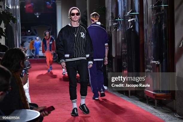 Will Peltz walks the runway at the Dolce & Gabbana Unexpected Show show during Milan Men's Fashion Week Fall/Winter 2018/19 on January 13, 2018 in...