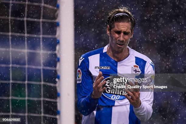 Raul Albentosa of Deportivo de La Coruna reacts during the La Liga match between Deportivo La Coruna and Valencia CF at Abanca Riazor Stadium on...