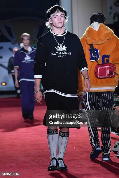 Ross Lynch walks the runway at the Dolce & Gabbana Unexpected Show show during Milan Men's Fashion Week Fall/Winter 2018/19 on January 13, 2018 in...