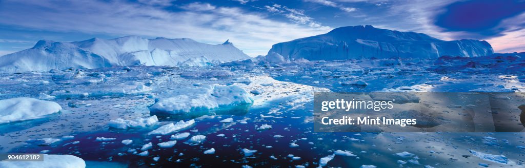 Landscape with icebergs and ice sheets on the ocean.