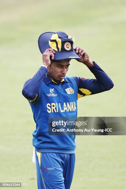 Kamindu Mendis of Sri Lanka looks on during the ICC U19 Cricket World Cup match between Sri Lanka and Ireland at Cobham Oval on January 14, 2018 in...