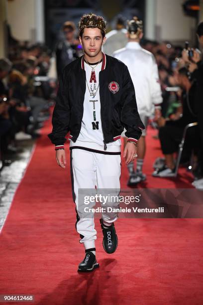 Austin Mahone walks the runway at the Dolce & Gabbana Unexpected Show during Milan Men's Fashion Week Fall/Winter 2018/19 on January 13, 2018 in...