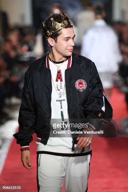 Austin Mahone walks the runway at the Dolce & Gabbana Unexpected Show during Milan Men's Fashion Week Fall/Winter 2018/19 on January 13, 2018 in...