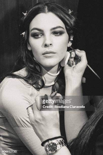 Vittoria Ceretti is seen ahead of the Versace show during Milan Men's Fashion Week Fall/Winter 2018/19 on January 13, 2018 in Milan, Italy.