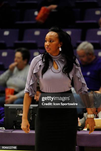 Jackie Carson womens basketball head coach Furman University Paladins works on the sideline in the 86-64 loss to the Mercer University Bears,...