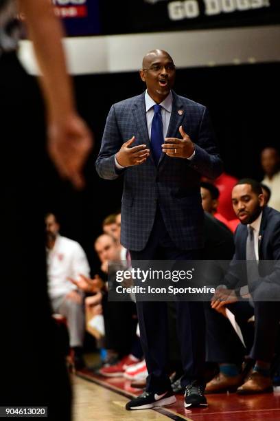 Mike Jones head coach Radford University Highlanders watches from his sideline as his team loses 54-59 to the Gardner-Webb University Runnin...