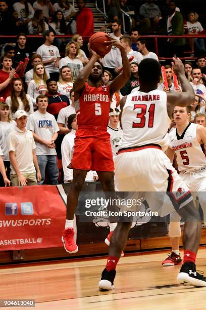 Donald Hick guard Radford University Highlanders misses this three-point jumper early against the Gardner-Webb University Runnin Bulldogs, Friday,...