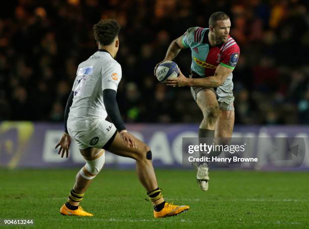 Jamie Roberts of Harlequins during the European Rugby Champions Cup match between Harlequins and Wasps at Twickenham Stoop on January 13, 2018 in...