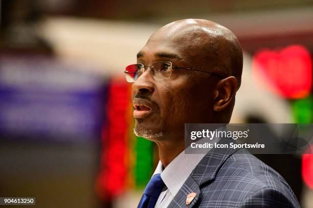 Mike Jones head coach Radford University Highlanders watches from his sideline as his team loses 54-59 to the Gardner-Webb University Runnin...