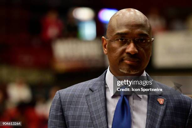 Mike Jones head coach Radford University Highlanders watches from his sideline as his team loses 54-59 to the Gardner-Webb University Runnin...