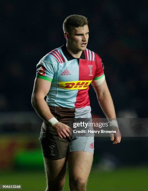 James Lang of Harlequins during the European Rugby Champions Cup match between Harlequins and Wasps at Twickenham Stoop on January 13, 2018 in...