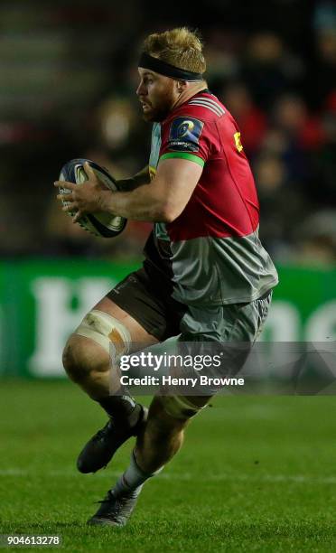 James Chisholm of Harlequins during the European Rugby Champions Cup match between Harlequins and Wasps at Twickenham Stoop on January 13, 2018 in...