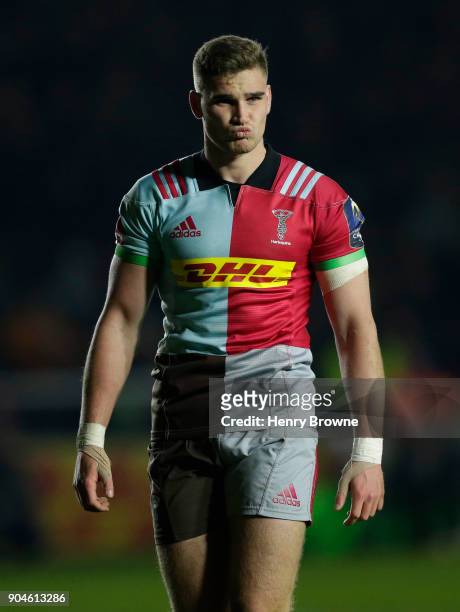 James Lang of Harlequins during the European Rugby Champions Cup match between Harlequins and Wasps at Twickenham Stoop on January 13, 2018 in...