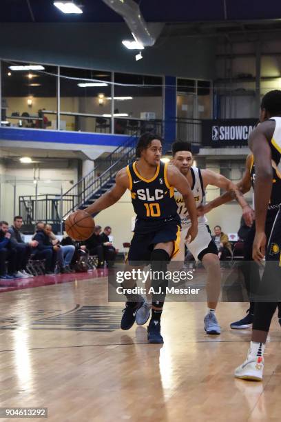 Isaiah Cousins of the Salt Lake City Stars handles the ball during the NBA G-League Showcase Game 23 between the Salt Lake City Stars and the Fort...