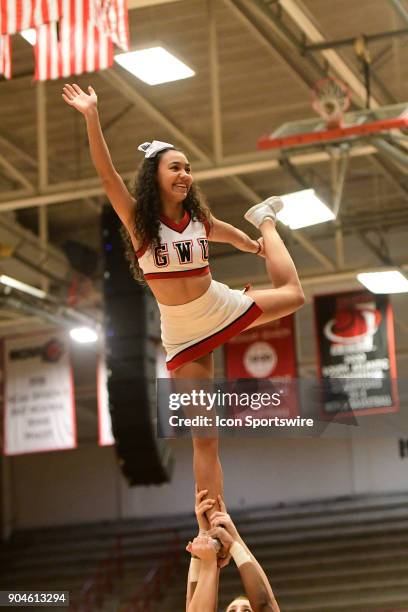 Gardner-Webb University cheerleader performs during a break in the game against the Radford University Highlanders, Friday, January 12 at Paul Porter...