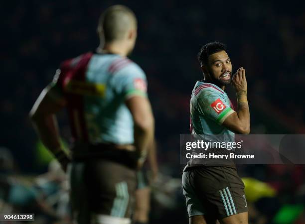 Alofa Alofa of Harlequins during the European Rugby Champions Cup match between Harlequins and Wasps at Twickenham Stoop on January 13, 2018 in...