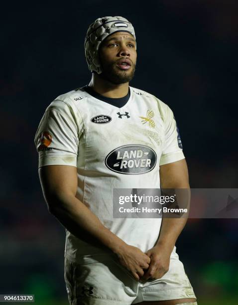 Nizaam Carr of Wasps during the European Rugby Champions Cup match between Harlequins and Wasps at Twickenham Stoop on January 13, 2018 in London,...