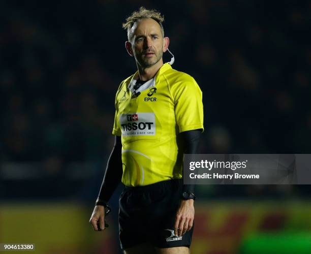 Referee Roman Poite during the European Rugby Champions Cup match between Harlequins and Wasps at Twickenham Stoop on January 13, 2018 in London,...