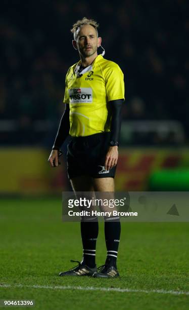 Referee Roman Poite during the European Rugby Champions Cup match between Harlequins and Wasps at Twickenham Stoop on January 13, 2018 in London,...