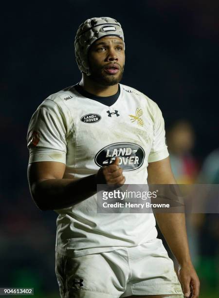 Nizaam Carr of Wasps during the European Rugby Champions Cup match between Harlequins and Wasps at Twickenham Stoop on January 13, 2018 in London,...