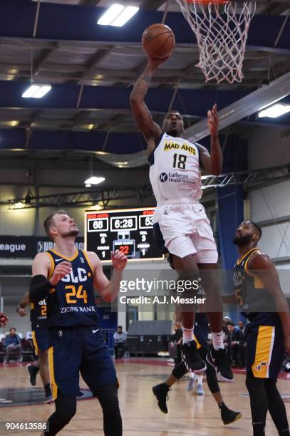 DeQuan Jones of the Fort Wayne Mad Ants handles the ball during the NBA G-League Showcase Game 23 between the Salt Lake City Stars and the Fort Wayne...
