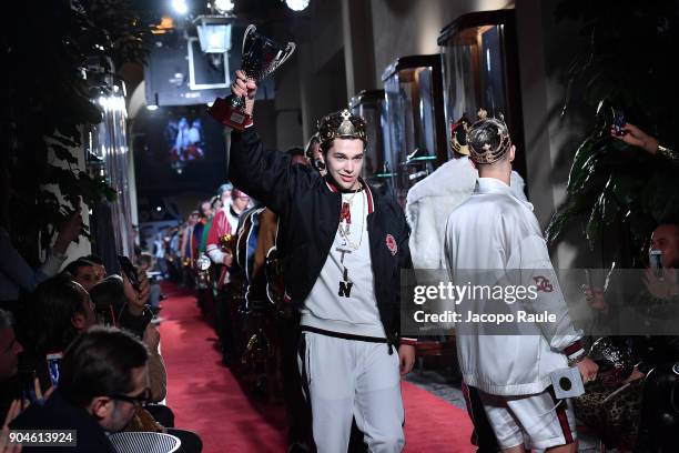 Austin Mahone walks the runway at the Dolce & Gabbana Unexpected Show show during Milan Men's Fashion Week Fall/Winter 2018/19 on January 13, 2018 in...