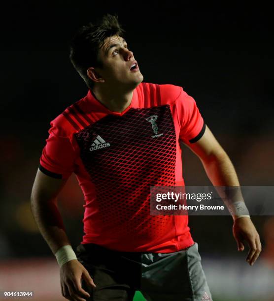 Archie White of Harlequins during the European Rugby Champions Cup match between Harlequins and Wasps at Twickenham Stoop on January 13, 2018 in...