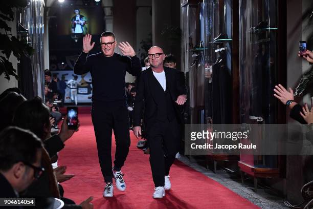 Stefano Gabbana and Domenico Dolce walk the runway at the Dolce & Gabbana Unexpected Show show during Milan Men's Fashion Week Fall/Winter 2018/19 on...