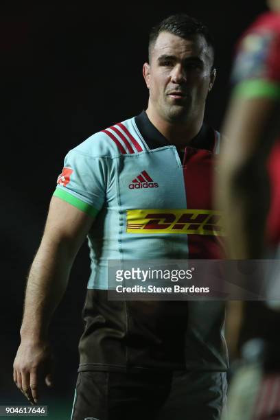 Dave Ward of Harlequins during the European Rugby Champions Cup match between Harlequins and Wasps at Twickenham Stoop on January 13, 2018 in London,...
