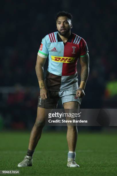Alofa Alofa of Harlequins during the European Rugby Champions Cup match between Harlequins and Wasps at Twickenham Stoop on January 13, 2018 in...