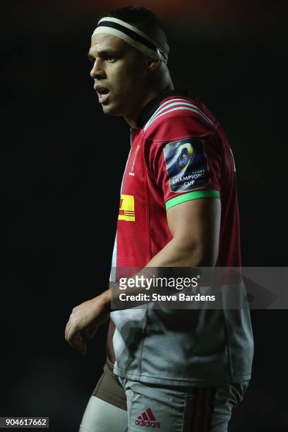 Ben Glynn of Harlequins during the European Rugby Champions Cup match between Harlequins and Wasps at Twickenham Stoop on January 13, 2018 in London,...