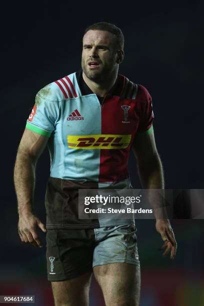 Jamie Roberts of Harlequins during the European Rugby Champions Cup match between Harlequins and Wasps at Twickenham Stoop on January 13, 2018 in...