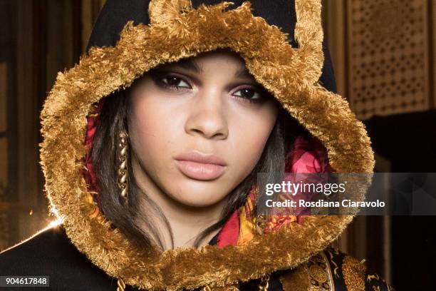 Hiandra Martinez ahead of the Versace show during Milan Men's Fashion Week Fall/Winter 2018/19 on January 13, 2018 in Milan, Italy.