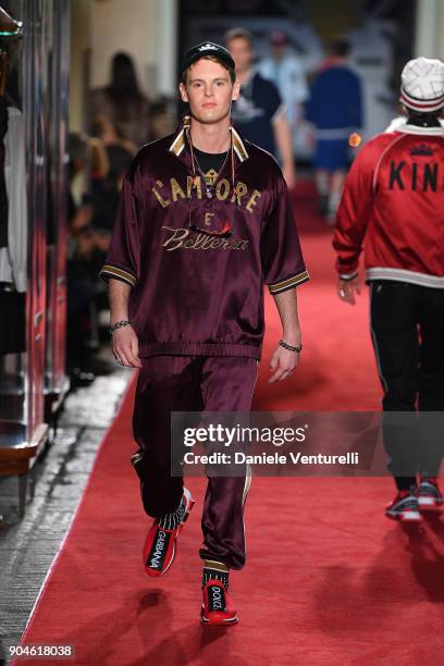 Model walks the runway at the Dolce & Gabbana Unexpected Show during Milan Men's Fashion Week Fall/Winter 2018/19 on January 13, 2018 in Milan, Italy.