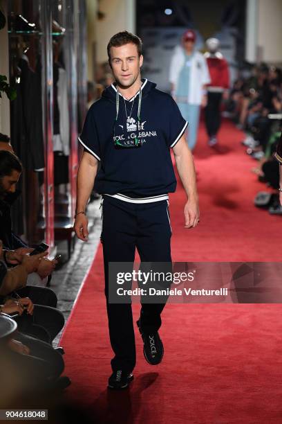 Model walks the runway at the Dolce & Gabbana Unexpected Show during Milan Men's Fashion Week Fall/Winter 2018/19 on January 13, 2018 in Milan, Italy.