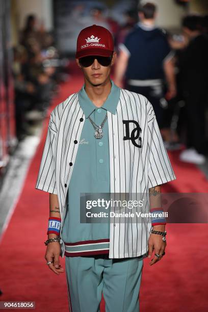 Model walks the runway at the Dolce & Gabbana Unexpected Show during Milan Men's Fashion Week Fall/Winter 2018/19 on January 13, 2018 in Milan, Italy.