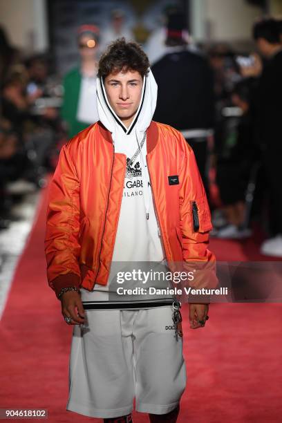 Model walks the runway at the Dolce & Gabbana Unexpected Show during Milan Men's Fashion Week Fall/Winter 2018/19 on January 13, 2018 in Milan, Italy.