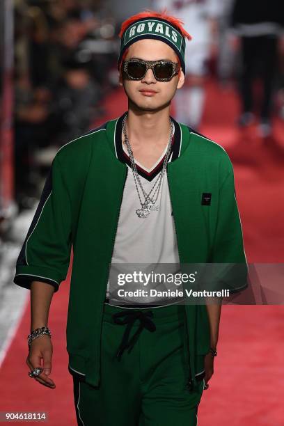 Model walks the runway at the Dolce & Gabbana Unexpected Show during Milan Men's Fashion Week Fall/Winter 2018/19 on January 13, 2018 in Milan, Italy.