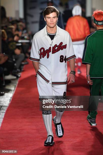 Model walks the runway at the Dolce & Gabbana Unexpected Show during Milan Men's Fashion Week Fall/Winter 2018/19 on January 13, 2018 in Milan, Italy.