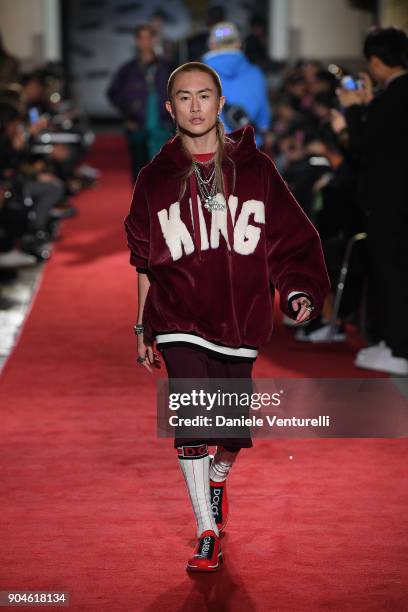 Model walks the runway at the Dolce & Gabbana Unexpected Show during Milan Men's Fashion Week Fall/Winter 2018/19 on January 13, 2018 in Milan, Italy.